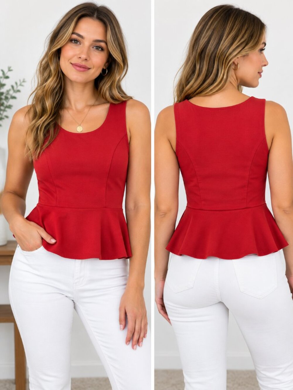 Ambiance Apparel Medium Red Sleeveless Peplum Top Stretch Fit & Flare